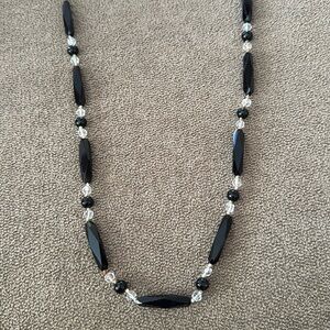 Vintage Handmade Black Beaded Vintage Crystal 48” Necklace (TD)